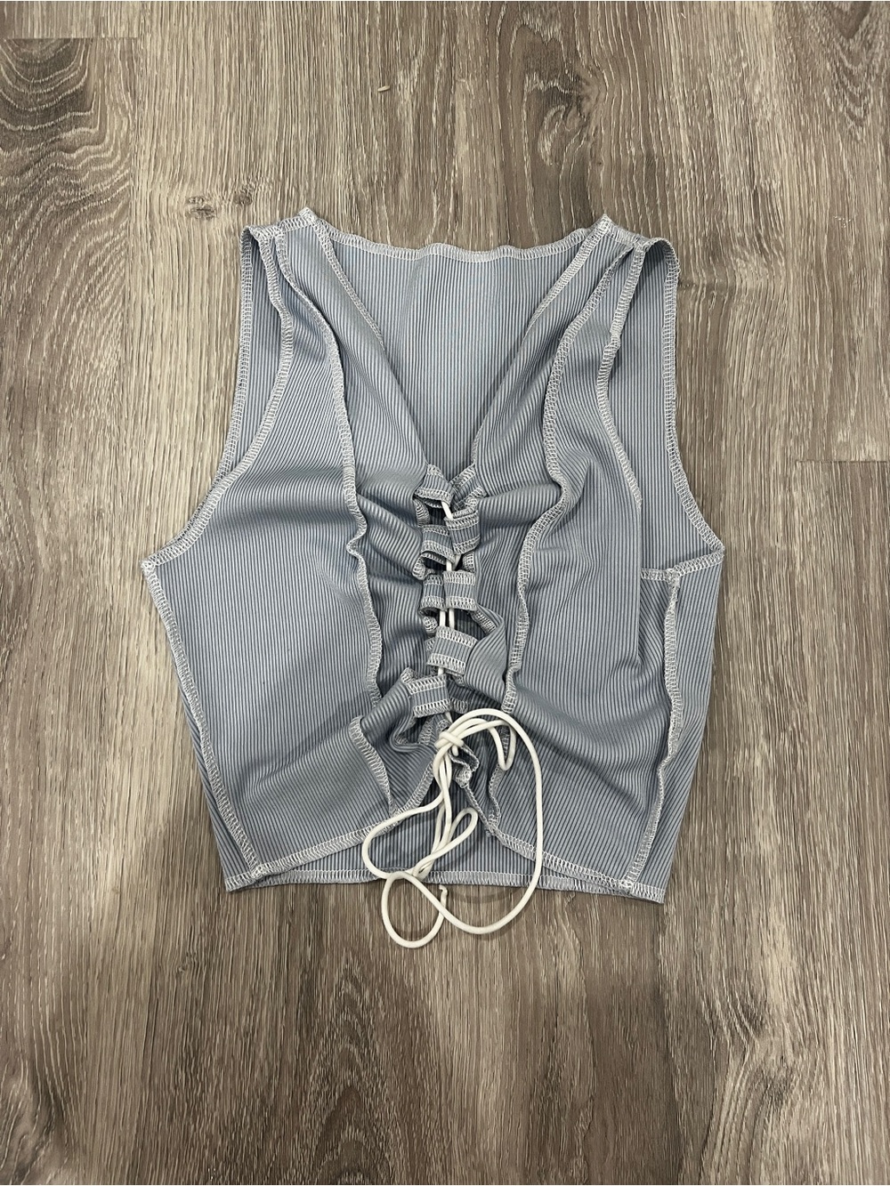 Vintage Light Blue Ribbed Lace-Up Tank Top